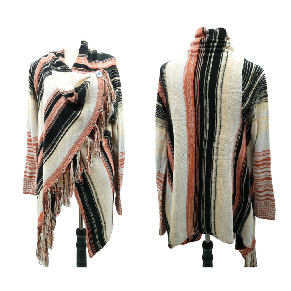 Fringed Striped Wrap Cardigan - Cream, Black & Rust